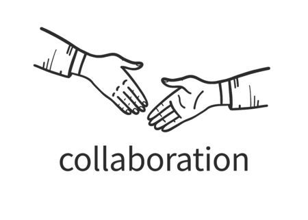 Business man hands shake hand drawn concept. Office people shaking hands. Human hands doodle sketch style, contour drawing. Partnership, collaboration, deal. Vector illustration.のイラスト素材