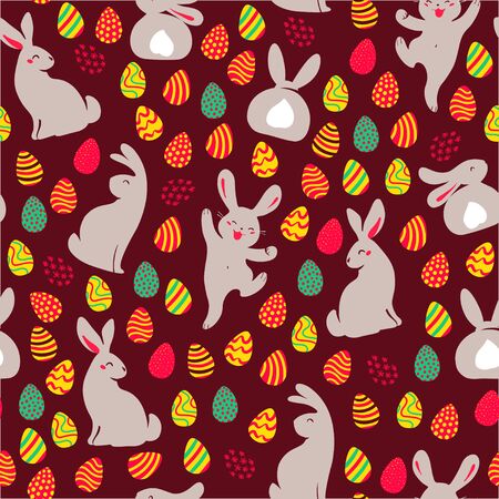 Easter seamles pattern with decorated eggs and egg hunt bunny smiling characters silhouettes. For holiday cards, packaging paper, banner, etc. Vector illustartion.のイラスト素材