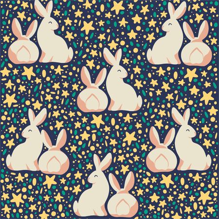 Easter seamles pattern with decorated eggs and egg hunt bunny smiling characters silhouettes. For holiday cards, packaging paper, banner, etc. Vector illustartion.のイラスト素材