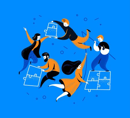 Flat connection concept with people putting together puzzle pieces isolated on blue background. Togetherness, collaboration metaphor. Vector illustration.のイラスト素材