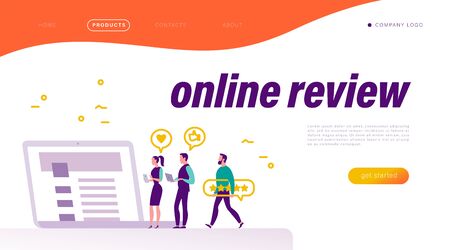 Online review concept. Landing page design, interface template, mobile app, ui. Tiny people at laptop with positive feedback icons. Vector flat illustration.のイラスト素材