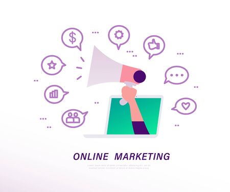 Online media marketing concept with laptop, human hand holding megaphone and video, media, review, communication linear icons metaphor. Vector flat illustration. のイラスト素材