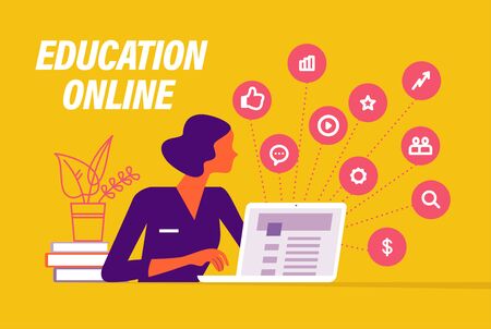 Online learning concept. People at laptop metaphor, video, social media, communication icons. Vector flat illustration.のイラスト素材