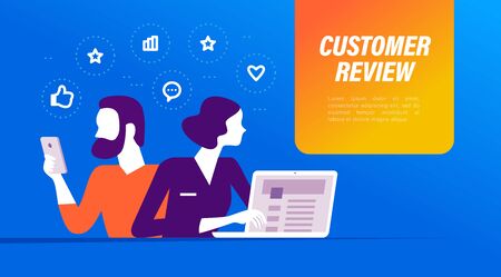 Customer review concept with man and woman users at laptop, smartphone device, positive feedback line icons. Vector flat illustration.のイラスト素材
