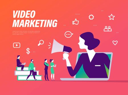 Video marketing concept. People at laptop, lady vlogger with megaphone metaphor. Video, media, review, chatting, like icons. Vector flat illustration. のイラスト素材