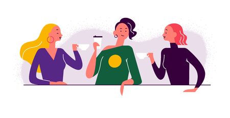 Young stylish ladies drinking coffee at table, taking coffee to go, talking to each other, communicating and laughing. Flat vector illustration concept in trendy colours for banner, ui.のイラスト素材