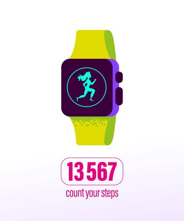 Smart watch with count your steps concept and human woman figure silhouette running on its tiuch screen. Vector flat illustration.のイラスト素材