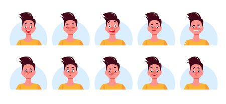 Set of different emotions and feelings:Â stress, joy, anger, depressed, peace, anxiety, disgust, delight. Young man portrait with facial expressions  on white background. Vector flat illustration.のイラスト素材