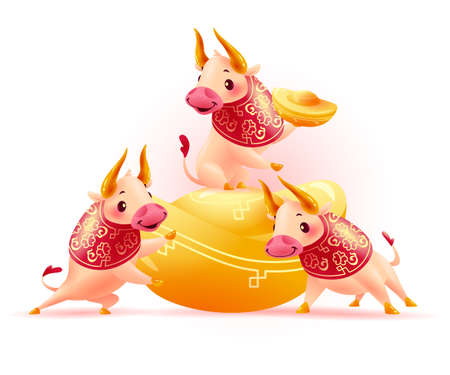 Happy chinese bull mascot characters in traditional hanfu pattern with gold ingots isolated on white background. Chinese new year congratulation celebration greeting. Vector realistic illustration.のイラスト素材