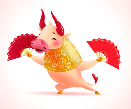 Chinese new year mascot - collection of traditional art oriental bull animal character isolated on white background. Happy bull mascot smile dance with fans. Vector realistic design illustration.のイラスト素材