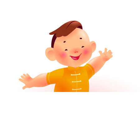 Chinese new year banner with happy boy mascot character in oriental traditional hanfu suit & white paper sheet on white background. Text place, sale placard template.のイラスト素材