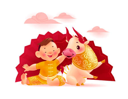 Happy chinese bull mascot & boy character in traditional gold hanfu suit near big fan isolated on white background. Chinese new year congratulation celebration greeting. Vector realistic illustration.のイラスト素材