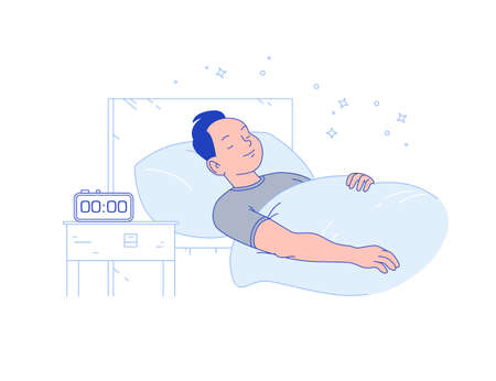Young man sleeping in cozy bed with alarm clock on on night table. Sleep time and sleep mode control. Vector flat illustration, line art.のイラスト素材