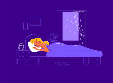 Young woman sleeping in cozy bed with alarm clock on night table. Well sleep time and sleep mode control. Vector flat illustration, line art.のイラスト素材