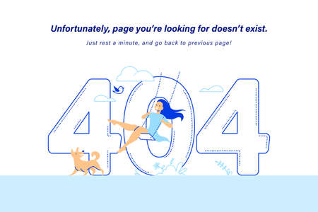 404 error web page design. Vector line art illustration with young smiling girl swinging on a swing...
