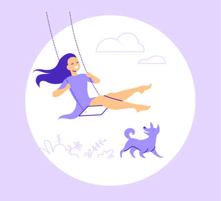 Vector illustration with young smiling girl swing on a swing on nature with clouds and grass, happy dog isolated on white background. Flat design, line art.のイラスト素材