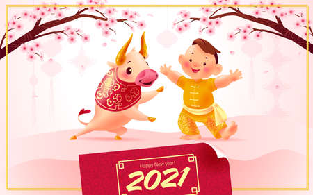 Chinese new year card, invitation, calendar design with traditional decor cherry tree branch in bloom, lanterns, 2021 congratulation, bull mascot, boy character in hanfu suit. Vector illustration.のイラスト素材