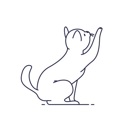 Vector line art style portrait of cute cat character sitting isolated on white background holding his front paw up playing.のイラスト素材