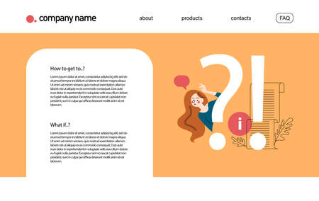 Landing page design template with frequently asked questions concept. Question sign, confused girl wondering what to do cartoon flat character. Vector line art illustration.のイラスト素材