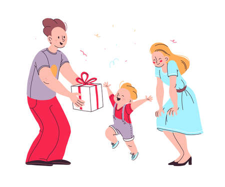 Young happy family characters with gift box. Parents giving present to their little son, celebrating isolated. Hand drawn doodle cartoon style. Vector flat illustration.のイラスト素材