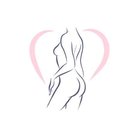 Woman naked silhouette drawing isolated on white background. Abstract sketch style. Woman health care concept. Vector flat illustration.のイラスト素材