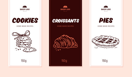 Collection of desserts labels with cookies, croissants and pies packaging. Hand drawn doodle style. Vector illustration.のイラスト素材