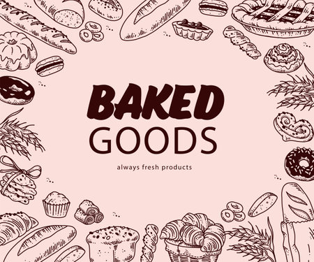 Baked goods advertising design with text place and hand drawn bakery goods background pattern around. Doodle style, vector menu cover illustration.のイラスト素材