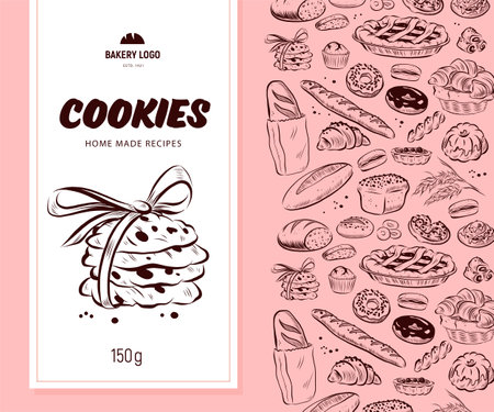 Vector packaging design with bakery goods pattern and cookies label / banner. Hand drawn cookie illustration, vintage sketch style. Line art.のイラスト素材