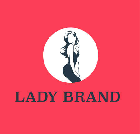 Lady emblem design template isolated on red background. Stylish lady in cocktail dress and long hair icon concept. For branding, advertisement, shop insignia. Vector flat illustration.のイラスト素材