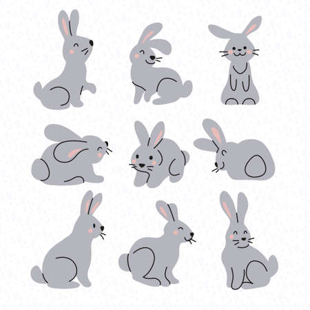 Collection of cute gray bunny characters isolated on white background. Rabbit animal icon. Hand drawn doodle style. Vector illustration. For stickers, cards, tags, Easter decor.のイラスト素材