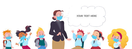 Portrait of teacher and boys and girls pupils wearing face masks standing isolated. Virus protection, health care and new social distance concept. Vector flat illustration.のイラスト素材
