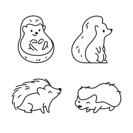 Set ofcute funny little hedgehog icons isolated on white background. For tags, stickers, patterns, banners. Vector outnline flat illustration.のイラスト素材