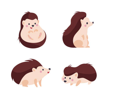Collection of cute funny little hedgehogs smiling isolated on white background. Vector flat cartoon illustration. For stickers, nursery decor, banners etc.のイラスト素材