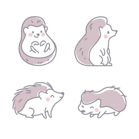 Collection of cute funny little hedgehogs smiling isolated on white background. Vector hand drawn cartoon illustration. For stickers, nursery decor, banners etc.のイラスト素材