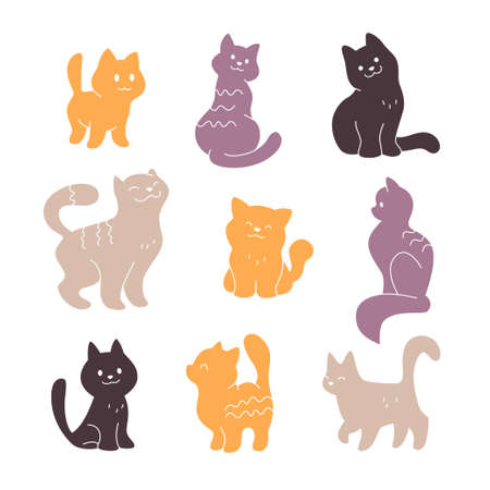 Collection of cute smiling cat silhouettes sit, walk, stand isolated on white background. Vector simple flat style illustration. For logo, patterns, emblems etc.のイラスト素材