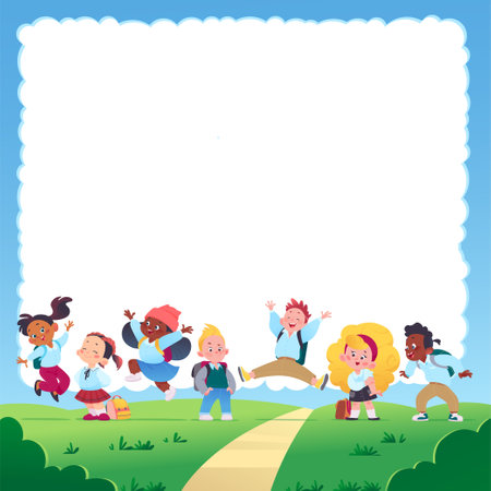 Banner with text place and multiracial happy school kids group with backpacks smiling, jumping and having fun on green lawn in sunny day. Vector flat cartoon illustration. For advertising, packaging.のイラスト素材