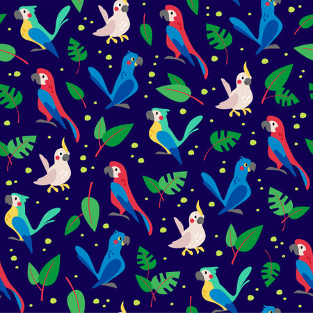 Seamless pattern with exotic birds, parrots and leaves isolated on dark background. Vector flat illustration. For packaging design, wrapping paper etc.のイラスト素材