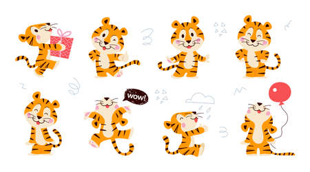 Set of cute little tiger characters with gift box, air balloon, celebrate, jump, stand, smile isolated. Vector flat hand drawn doodle style. For children decor, nursery design, banner, emblem, patternのイラスト素材