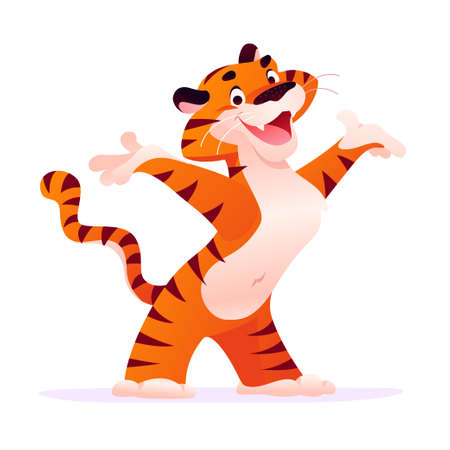 Portrait of happy tiger character isolated on white background. Flat cartoon style. For company mascot, banner, advertising, web ad, sale tag, card, logo design.のイラスト素材