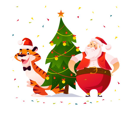 Merry Christmas illustration with tiger in santa hat, Santa Claus at decorated fir tree isolated. Vector flat cartoon style. For banners, sale cards, posters, tags, web, flyers, advertisement etc.のイラスト素材