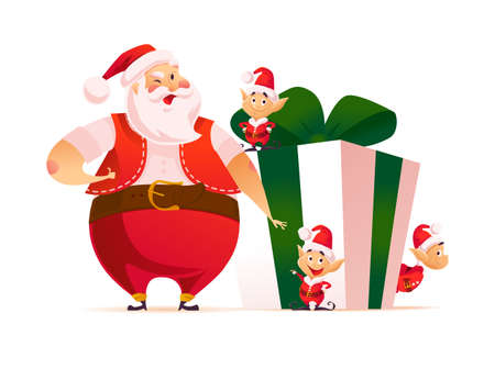 Merry Christmas illustration with smiling Santa Claus and hi little elves at big gift box isolated. Vector flat cartoon style. For banners, sale cards, posters, tags, web, flyers, advertisement etc.のイラスト素材