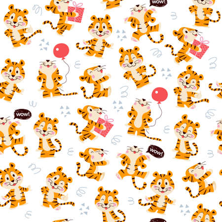 Seamless pattern with cute little tiger characters walk, jump, carry gift box, hold air balloon isolated. Vector hand drawn flat illustration. For nursery decor, wallpaper, wrapping paper, packagingのイラスト素材