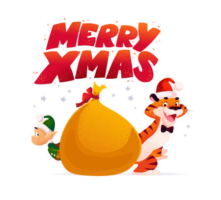 Merry Christmas illustration with text congratulation, big gift bag, little cute Santa elf, tiger in Santa hat. Vector flat cartoon style. For banner, sale card, poster, tag, web, flyer, advertisementのイラスト素材