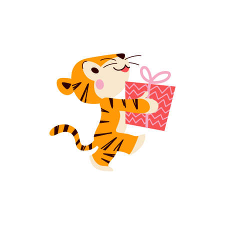 Cute little tiger character with gift box walk isolated on white background. Side view. Vector flat hand drawn style. For children decor, nursery design, banner, emblem, pattern etc.のイラスト素材