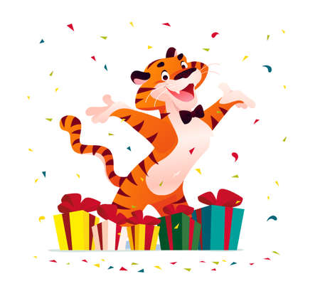 Vector flat cartoon illustration of new year and merry Christmas mascot tiger funny character with gift boxes isolated. For banners, web, packaging, ads, cards etc.のイラスト素材