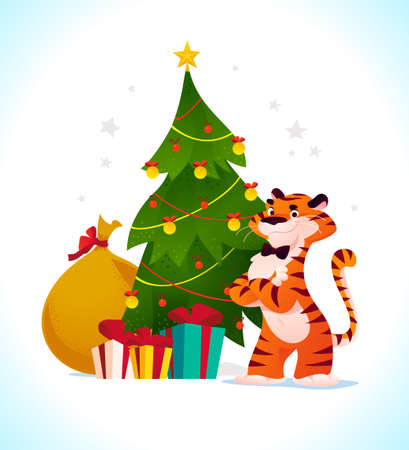 Vector flat cartoon illustration of new year and merry Christmas mascot tiger funny character at decorated xmas fir tree and presents isolated. For banners, web, packaging, ads, cards etc.のイラスト素材