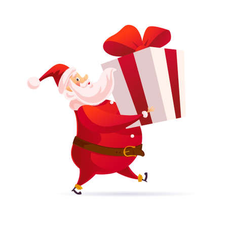 Funny Santa Claus character carry big gift box isolated. Vector flat cartoon illustration. Side view. For tags, banners, cards, posters, sale advertise, web.のイラスト素材