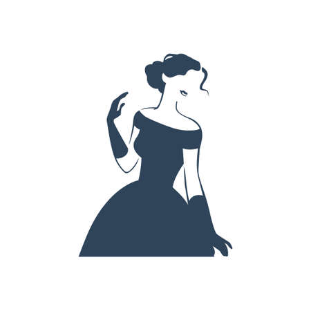 Beautiful young lady portrait isolated. Awesome model in stylish dress black hand drawn silhouette. Vector flat illustration. For emblem, tag, logo, banner etc.のイラスト素材
