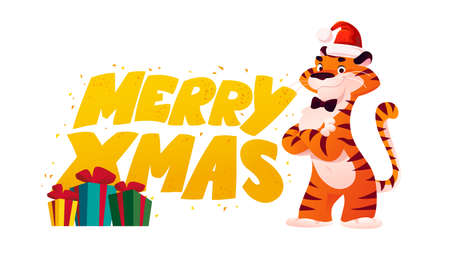Vector flat cartoon illustration of Merry Christmas text congratulation, mascot tiger funny character in Santa hat and gift boxes isolated. For banners, web, packaging, ads, cards etc.のイラスト素材