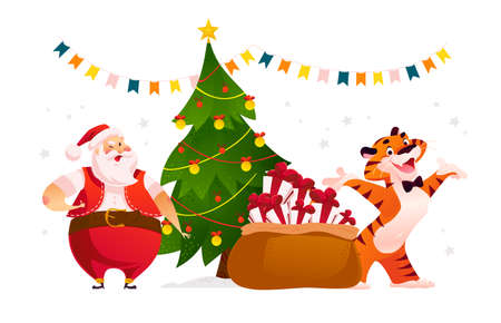 Merry Christmas illustration with Santa Claus, tiger and bag with presents at decorated fir tree. Vector flat cartoon style. For banners, sale cards, posters, tags, web, flyers, advertisement etc.のイラスト素材